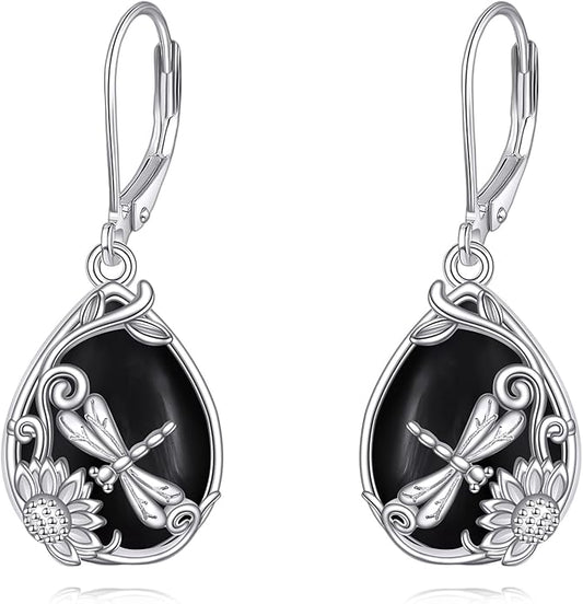 Dragonfly/Filigree Boho Black Onyx Earrings 925 Sterling Silver Black Onyx Dangle Drop Earrings Jewelry Gift for Women
