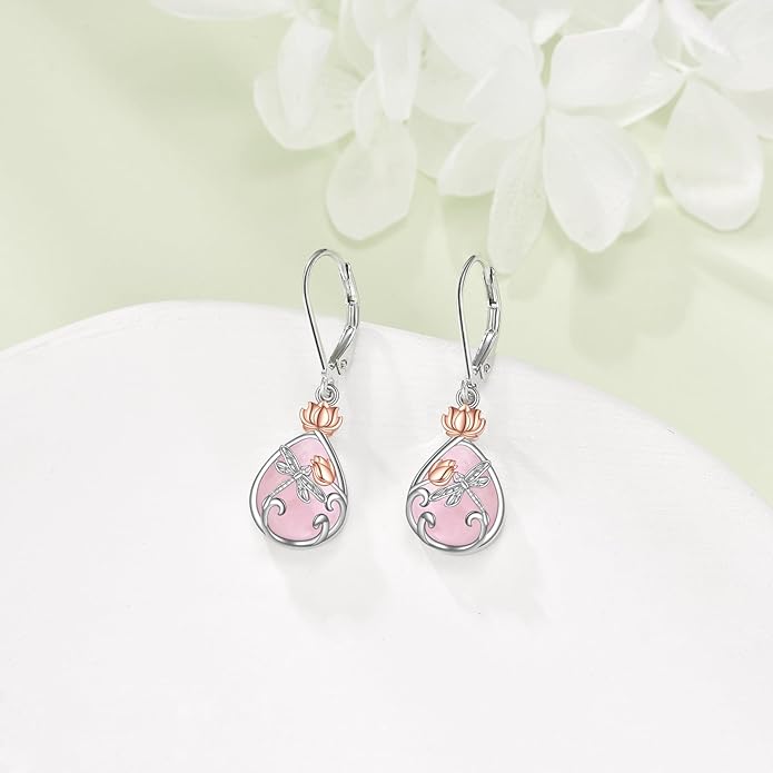 AOBOCO Butterfly/Dragonfly/Bee/Ladybug Leverback Earrings 925 Sterling Silver Rose Lotus Tulip Flower Filigree Dangle Earrings Teardrop Moonstone Larimar Turquoise Abalone Shell Jewelry Birthday Gifts for Women