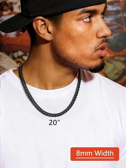 FaithHeart Mens Black/Silver/Gold Stainless Steel Flat Box Link Chain Necklace, Stylish 2/4/6/8mm Width Box Chains Necklaces for Men Non Tarnish Hip Hop Chain Jewelry Gifts,14"-30" Length