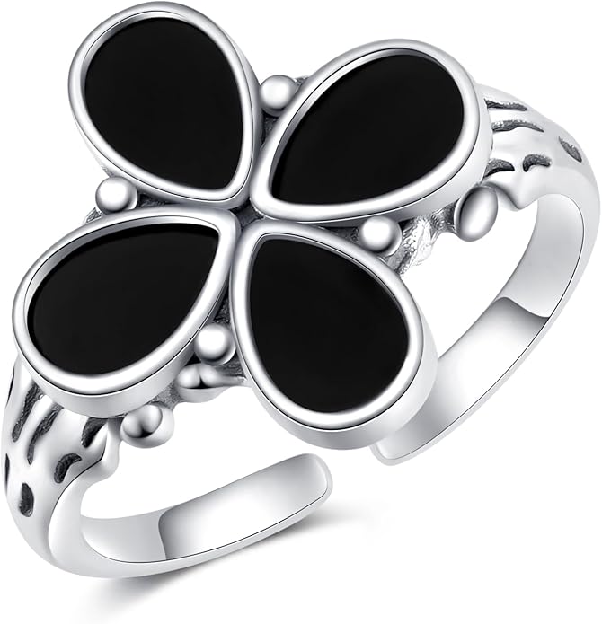 925 Sterling Silver Vintage Oxidized Style Black Onyx Adjustable Ring Casual Jewelry Gifts for Women