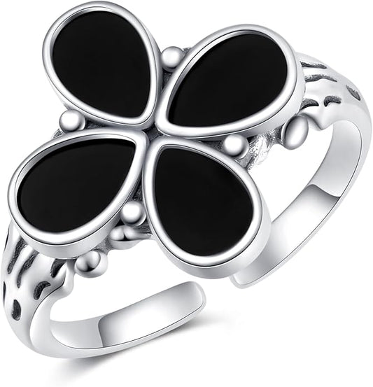 925 Sterling Silver Vintage Oxidized Style Black Onyx Adjustable Ring Casual Jewelry Gifts for Women