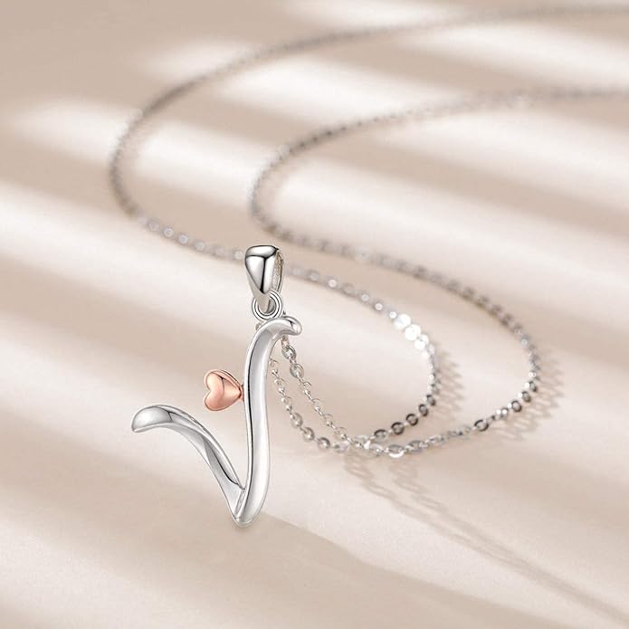 CELESTIA 925 Sterling Silver Initial Necklaces 26 Letter with Rose Gold Heart - 18 Inch Chain