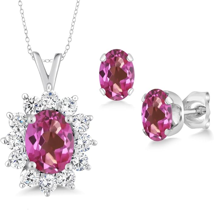 Gem Stone King 8X6MM and 6X4MM Oval Gemstone Birthstone Pendant and Earrings Jewelry Set For Women | 925 Sterling Silver | Fine Jewelry Gifts for Her Mom Women Wife | With 18 Inch Chain