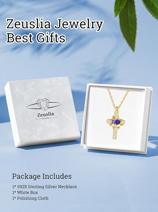 Zeuslia Double Birthstone Necklace Gifts for Wife - 925 Sterling Silver Sunflower/Rose/Crown Cross/Compass/Heart Pendant I Love You Necklace, Anniversary Birthday Gifts for Wife Girlfriend Mom Her