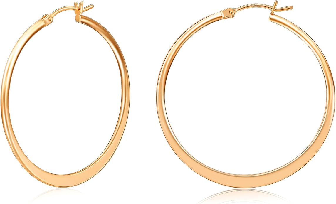 Gacimy Flattened 14K Gold Plated Hoop Earrings for Women, 14K Real Gold Plated Hoops with 925 Sterling Silver Post,Hypoallergenic Lightweight Earring