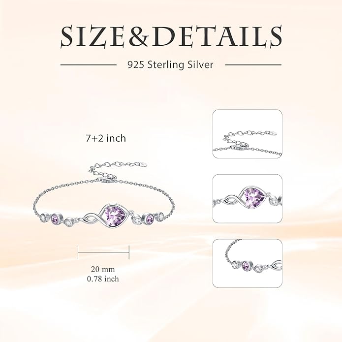 Infinity Birthstone Bracelet 925 Sterling Silver Heart Love Infinity Link Bracelet Fine Jewelry Birthday Christmas Gifts for Women Girlfriend Wife