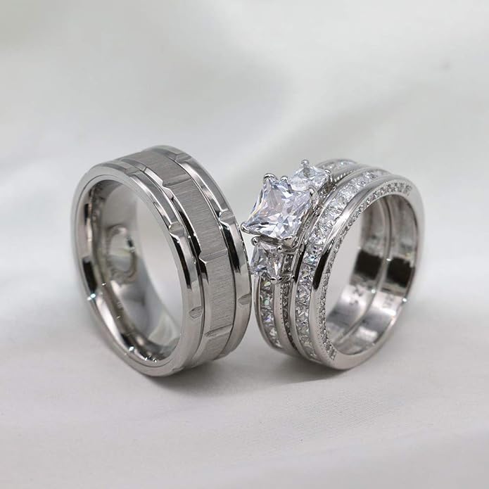 TWO RINGS Wedding Ring Sets His And Hers Promise Ring Couples Bridal Sets Women 925 Sterling Silver square Cz Man Stainless Steel Brushed Finished Wedding Bands