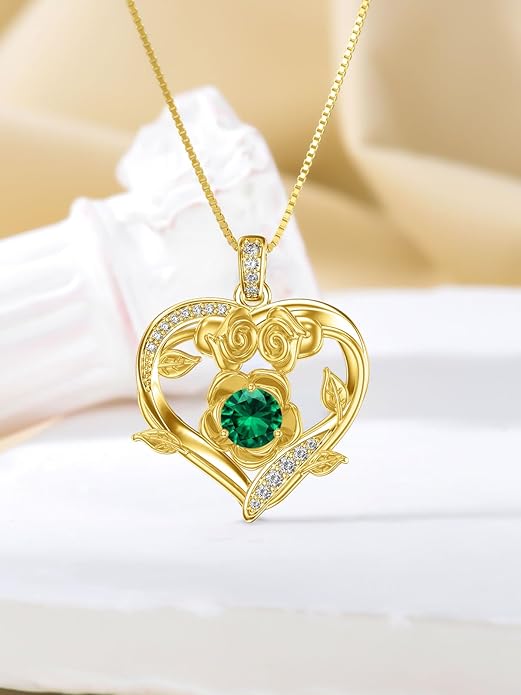 Midari 18K Gold Heart Birthstone Necklace for Women Rose Pendant Birthday Jewelry Gifts for Wife Her Daughter Mom
