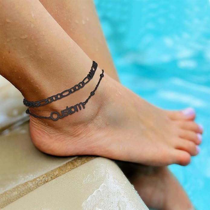 U7 Custom Layered Ankle Bracelets for Women Stainless Steel Bead/Cuban/Figaro/Rope/Wheat Chain Anklet Waterproof Anklet Jewelry for Beach Vacation