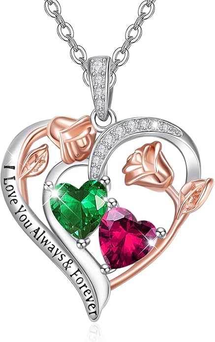 Zeuslia Double Birthstone Necklace Gifts for Wife - 925 Sterling Silver Sunflower/Rose/Crown Cross/Compass/Heart Pendant I Love You Necklace, Anniversary Birthday Gifts for Wife Girlfriend Mom Her