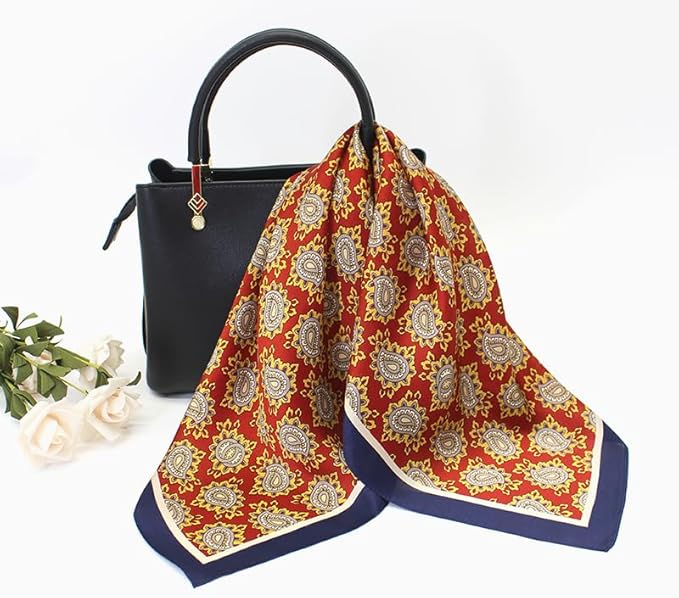 ANDANTINO 100% Pure Mulberry Silk Small Square Scarves -21'' x 21''- Digital Printed Neckerchief –Women Men Lightweight Scarf