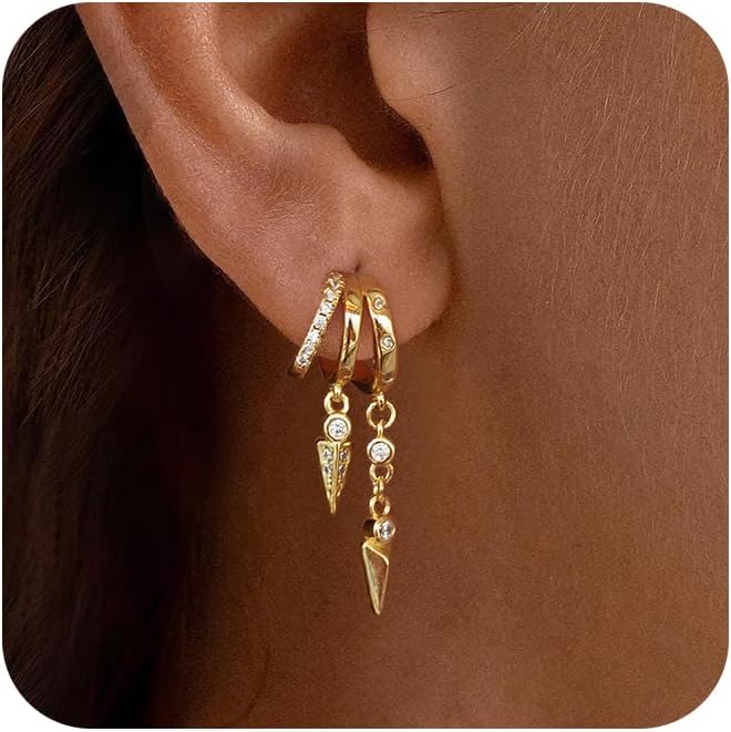 Dangle Earrings for Women,14k Gold Plated Triple Huggie Stud Earrings Dainty Drop Earrings for Women Trendy Gold Statement CZ Long Chain Earrings Non Tarnish Jewelry