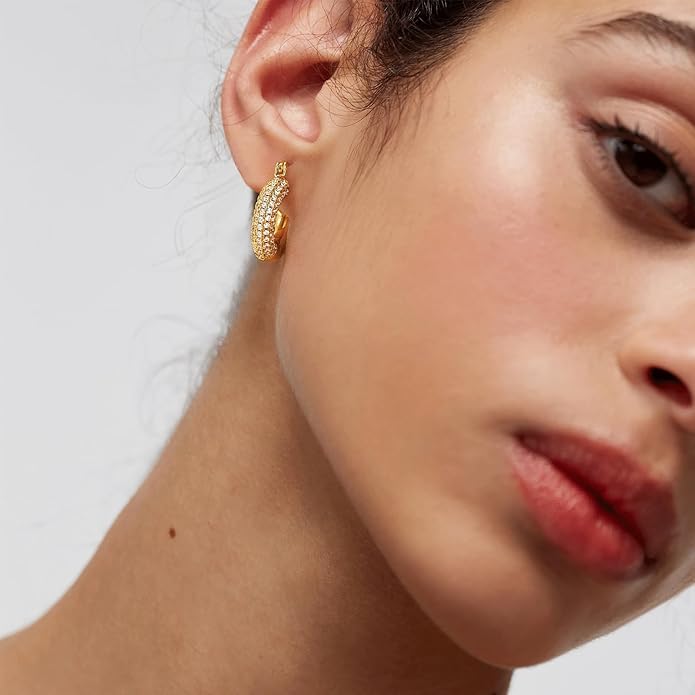 Gold Huggie Hoop Earrings 14K Gold Plated Dainty Chunky Thick Hoop Diamond Cubic Zriconia Inlay Sleeper Tiny Delicate Boho Beach Simple Hypoallergenic Jewelry Gift for Her