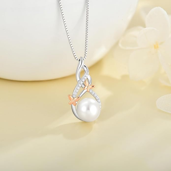 Veshon Celtic Infinity Pearl Pendant Necklace for Women, 925 Sterling Silver Good Luck Irish Pendant with 10MM Freshwater Cultured Pearl, White/Rose/ 14K Gold Plated Jewelry Gift