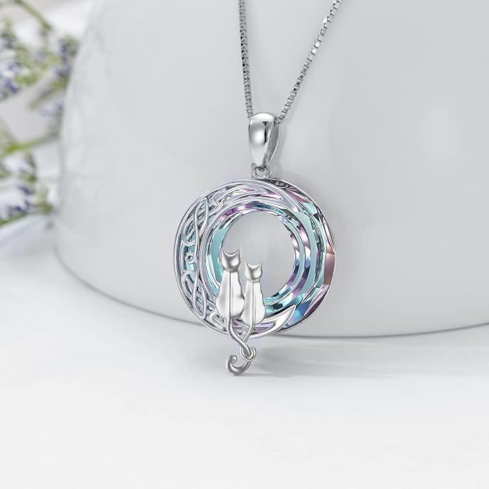 TOUPOP Christmas Cat Gifts for Cats Lovers One Two Three Four Cats Necklace Sterling Silver Cats on the Moon Pendant Necklace with Blue Circle Crystal Birthday Christmas Celtic Jewelry Gifts for Women