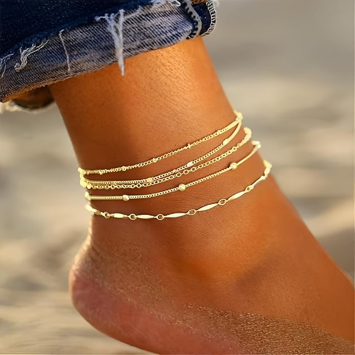 iF YOU Gold Ankle Bracelets for Women, 14k Gold Plated Waterproof Cuban Link Chain Anklets Set, Layered Anklet Bracelets for Women Beach Gift Adjustable Size 5pc