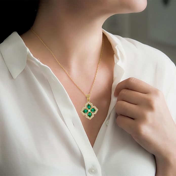 VONSSY Four Leaf Clover Necklace Earrings Shamrock Irish ST Patricks Jewelry Set Gift Green Emerald Zircon Crystal Stud 18k Gold Plated Chain Saint Pendant for Woman Wife Girlfriend
