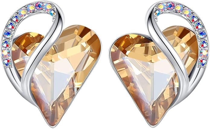 Earrings for Women, Mothers Day Gift for Mom, Heart Birthstone Crystal Stud Earring, Silver Plated Birthday Jewelry