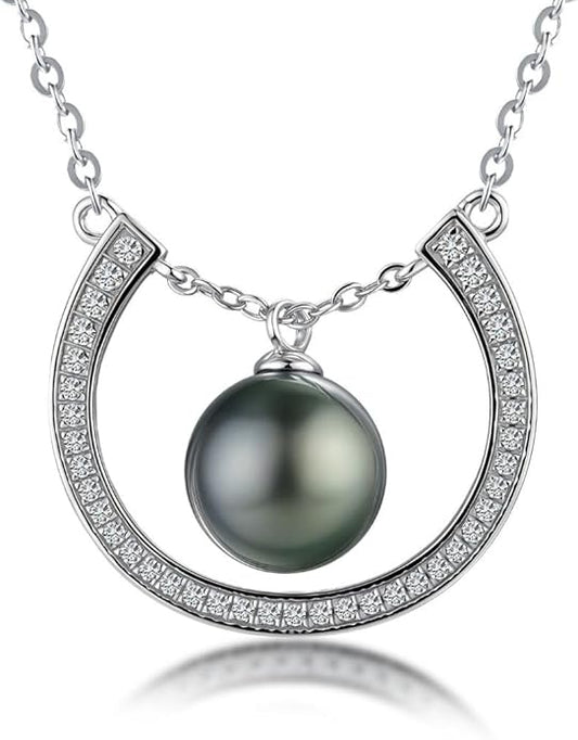 Lunar Belle Tahitian Black Pearl Necklace Pendant, Moissanite in 925 Sterling Silver, Luxury Jewelry Gift for Women Mother Christmas Anniversary (Ocean Halo)