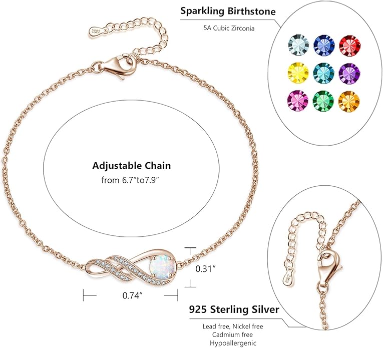 Birthstone Bracelets for Women 925 Sterling Silver Created Gemstone Bracelet Infinity Pendant Jewelry for Her, 6.7"+1.2"