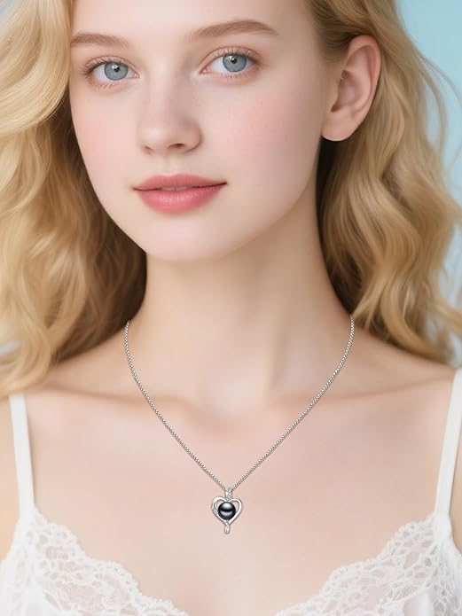 Tahitian Black Pearl 18K White Gold Plated Sterling Silver Heart/Infinity/Four Leaf Clover Pendant Necklace Jewelry Gifts for Women Wife Mom Girlfriend Wedding Birthday Anniversary Christmas