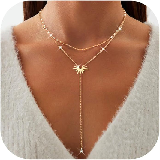 Dochais Dainty Gold Layered Necklace for Women, 14K Gold Plated Y Necklace & Chain, Dainty Lariat Long Necklaces, Trendy Cubic Zirconia Choker, Sun, Heart, Pearl & Cross Pendant Necklace, Jewelry Gift