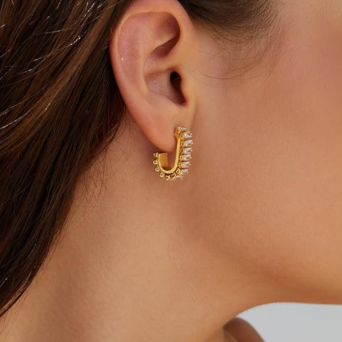 Green Crystal huggie gold hoop earrings for women Girls,14K Gold Plated with 925 Sterling Silver Post color Cubic Zirconia dainty cute Earrings| CZ Stud Earring