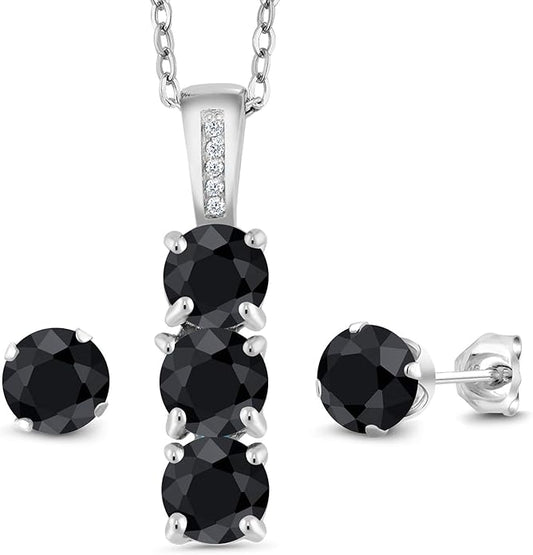 Gem Stone King 925 Sterling Silver 5MM Gemstone Birthstone and White Diamond 3-Stone Pendant and Earrings Jewelry Set For Women | With 18 Inch Chain