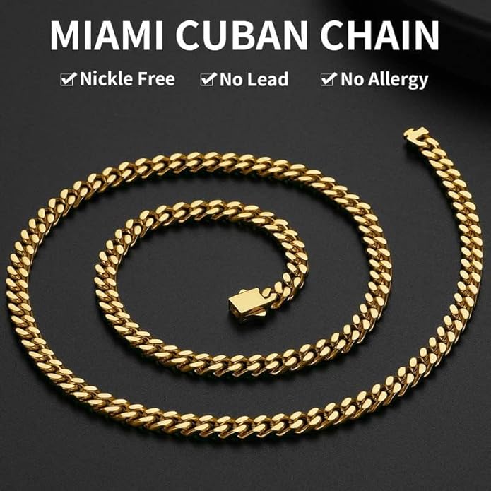 ChainsHouse Stainless Steel Mens Cuban Link Chain, Black/ 18K Gold Plated Miami Cuban Chain Necklace, 5mm/7mm/9mm/12mm/14mm Width, No Tarnish& Durable Hip Hop Mens Jewelry, 18"-30", Send Gift Box