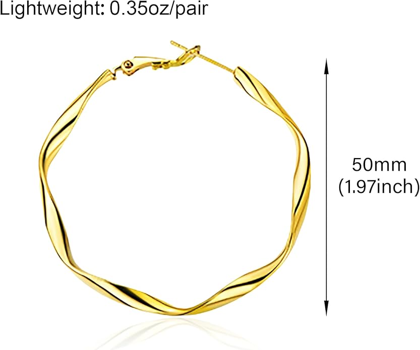 Gold Hoop Earrings for Women 18K Gold Plated - 40mm & 50mm Sizes, Double Layer/Twisted Styles, Hypoallergenic 925 Sterling Silver Posts, Lightweight Trendy Jewelry Gift