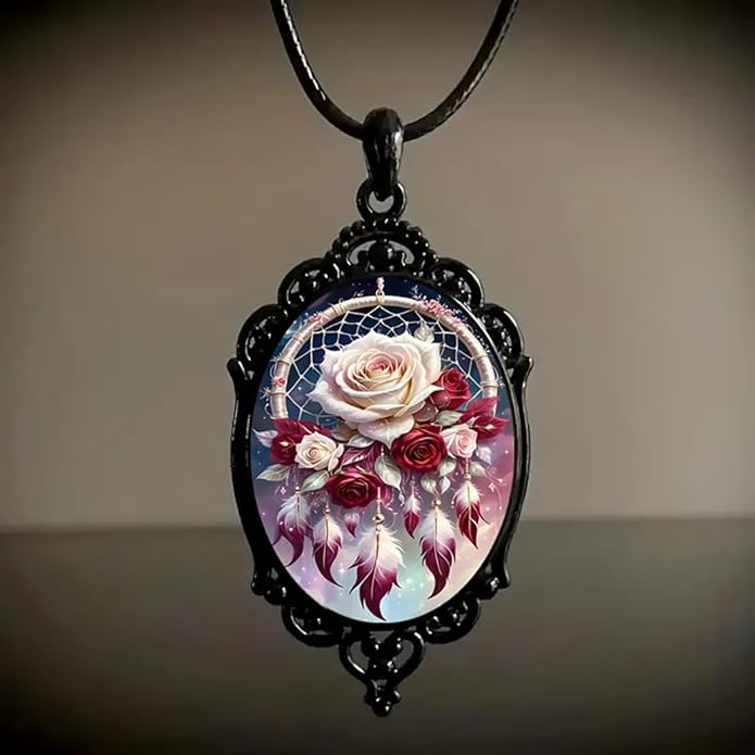 Gothic Rose Glass Necklace for Women Vintage Satan Demon Pendant Halloween Roses Necklaces Dark Punk Style Necklace Victoria Emboss Necklaces Mystic Witch Jewelry Gift Accessories