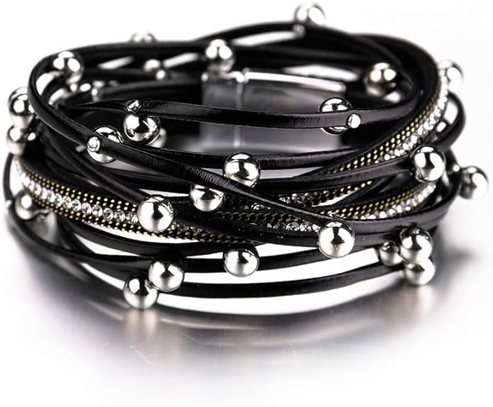 Fesciory Leather Wrap Bracelets for Women, Boho Leopard Multi-Layer Crystal Beads Cuff Bracelet Jewelry