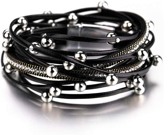 Fesciory Leather Wrap Bracelets for Women, Boho Leopard Multi-Layer Crystal Beads Cuff Bracelet Jewelry