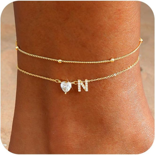 CAROVO Gold Ankle Bracelets for Women Waterproof 14K Real Gold Plated CZ Initial Anklet for Women Dainty Layered Letter A-Z Heart Ankle Bracelets Handmade Adjustable Anklet Summer Beach Jewelry