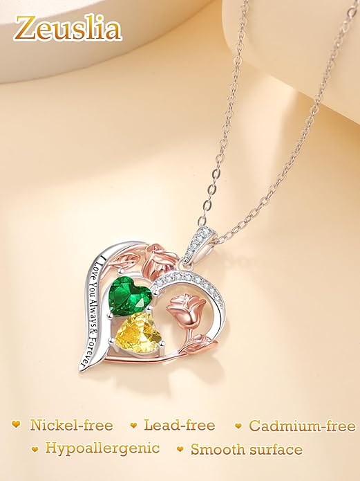 Zeuslia Double Birthstone Necklace Gifts for Wife - 925 Sterling Silver Sunflower/Rose/Crown Cross/Compass/Heart Pendant I Love You Necklace, Anniversary Birthday Gifts for Wife Girlfriend Mom Her