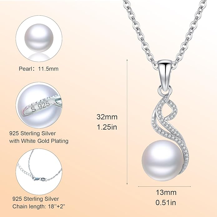 Sebina Pearl Pendant Necklace for Women,925 Sterling Silver Pendant Jewelry,Anniversary Christmas Birthday Valentines Gifts for Wife, Mom, Dauhter, Girlfriend,Her