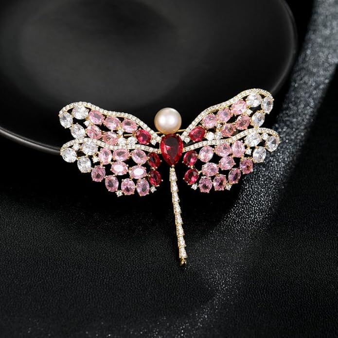 14K Gold Exquisite Dragonfly Brooch Adorned with Colorful Gemstones and Lustrous Pearls, Chic Brooch Accent for Special Events, Ideal for Stylish Women