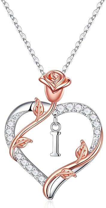Rose Heart Initial Necklace Gifts for Women Girls, Letter Pendant Necklaces for Women Jewelry Anniversary Birthday Gifts for Her Wife Girlfriend Teen Girls