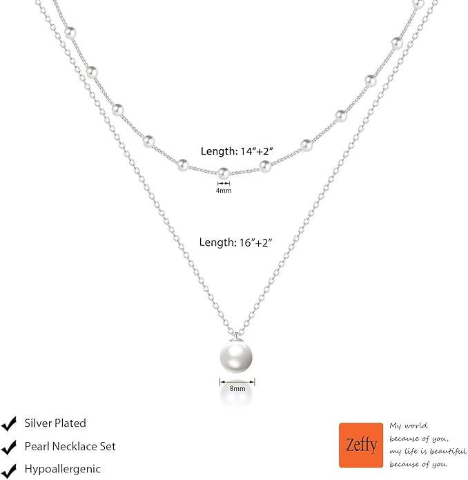 Zeffy Gold Pearl Necklace for Women, Dainty 14K Gold/Silve Plated Layered Pearl Choker Pearl Earrings Pearl Bracelets Wedding Trendy Gold Jewelry Set for Women Gifts