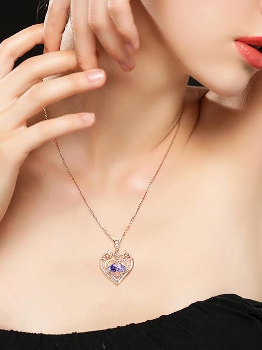 JIYVY32 Rose Heart Necklace for Women Exquisite 925 Sterling Silver Anniversary Birthday Gifts for Wife Mom Her Double Birthstone Pendant Jewelry