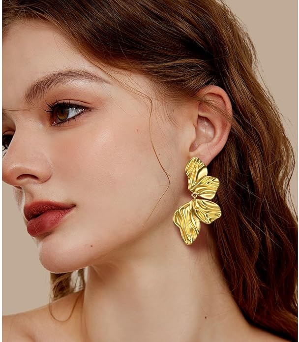 Hefanny Large Hammered Teardrop Dangle Earrings Geometric Chunky Flower Earrings Women's Trendy Statement Jewelry Multiple Styles