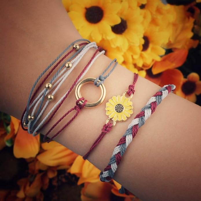 FANCY SHINY Sunflower String Bracelet Boho Braided Rope Wrap Bracelets Cute Summer Beach Surfer Jewelry for Women