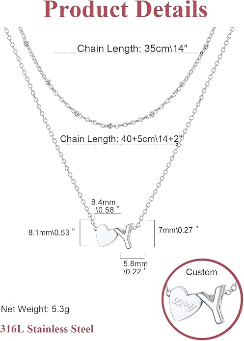 FOCALOOK Layered Initial Necklace for Women, 14K Gold Plated Choker Necklaces Stacks with Initial A-Z, Dainty Silver Heart Pendant Necklace Personalized Birthday Women Jewelry