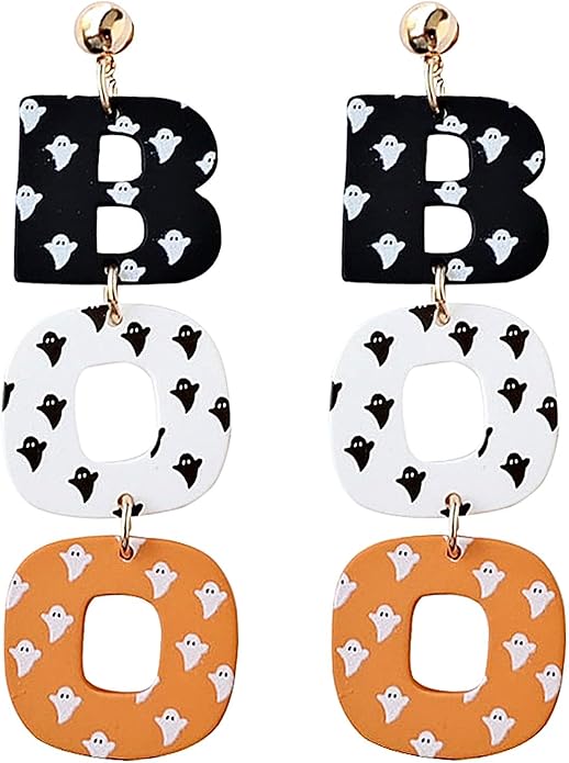 Halloween BOO Ghost Skull Earrings for Women, Gothic Dark Bat Dangle Earrings,Retro Acrylic Cute Lightweight Drop Dangle Earring Jewelry Gifts, Holiday Festive Cosplay Party Decorations Accessories