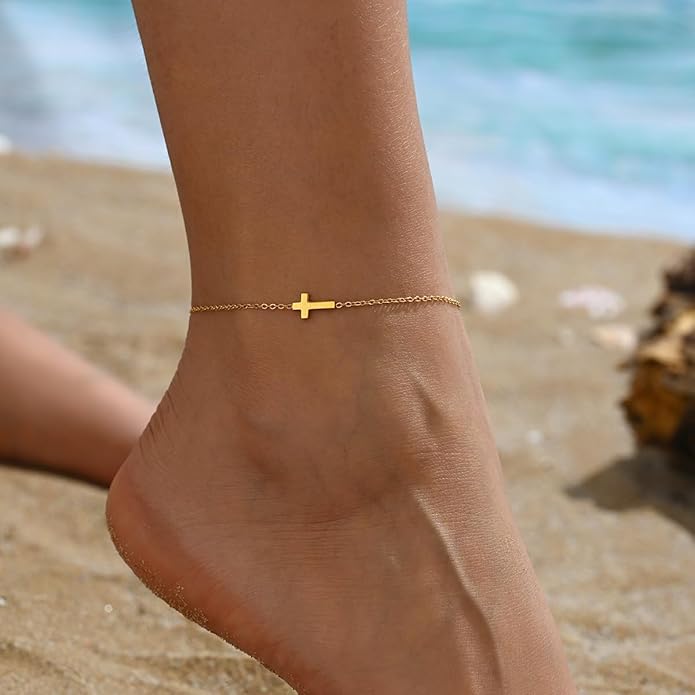 Ankle Bracelets for Women Dainty 18K Gold Plated Anklet Waterproof Round Beaded Paperclip Herringbone Pearl Chain Anklets Waterproof Beach Foot Jewelry