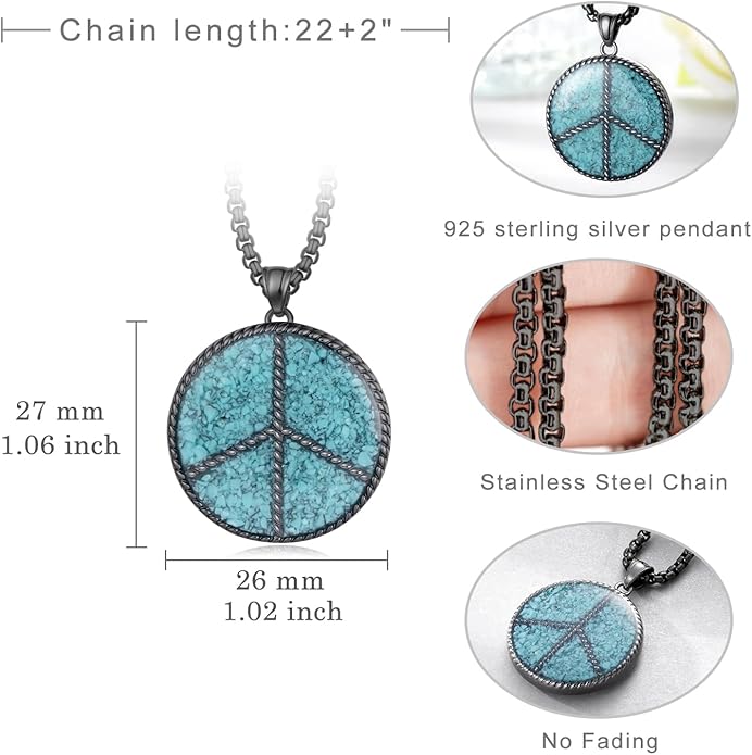 Zaruiqun Peace Sign Necklace 925 Sterling Silver Hippie Necklace 1960s 1970s Hippie Party Accessories Jewelry for Men Women