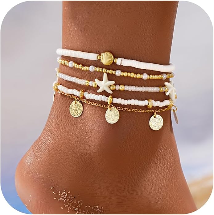 iF YOU Gold Ankle Bracelets for Women, 14k Gold Plated Waterproof Cuban Link Chain Anklets Set, Layered Anklet Bracelets for Women Beach Gift Adjustable Size 5pc