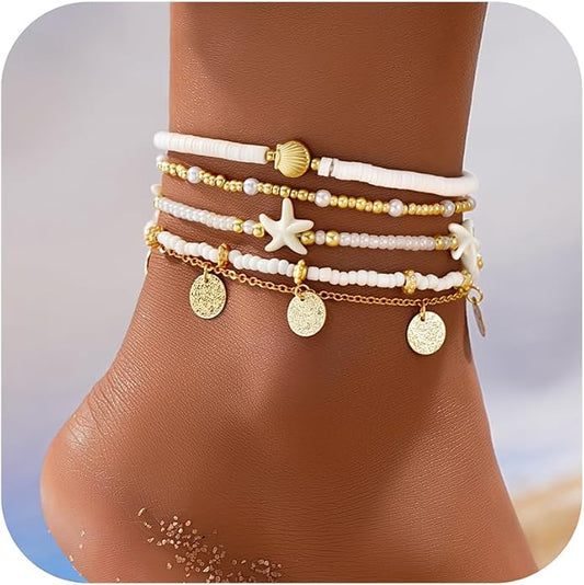 iF YOU Gold Ankle Bracelets for Women, 14k Gold Plated Waterproof Cuban Link Chain Anklets Set, Layered Anklet Bracelets for Women Beach Gift Adjustable Size 5pc
