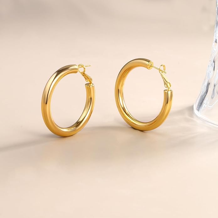 8YEARS Chunky Gold Hoop Earring for Women, 18K Gold Plated Lightweight Thick Hoops, Hypoallergenic Trendy Jewelry for Gift