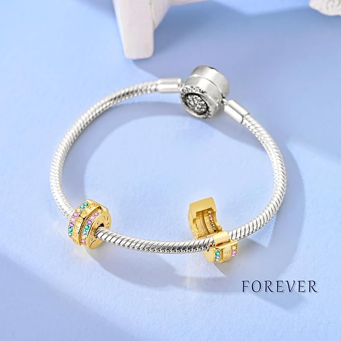 Parmuz Clip Spacer Charm for Bracelet 925 Sterling Silver Pave Cubic Zirconia Lock Stopper Bead Star Moon Evil Eye Jewelry Charm for Woman